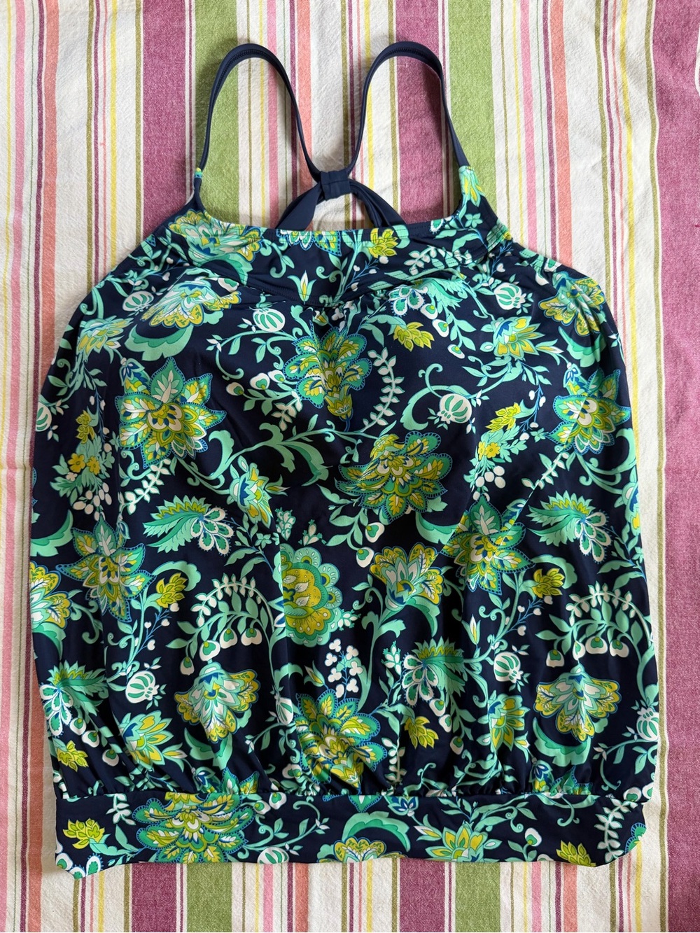 Lands' End Navy Floral Tankini Coverup with Teal and Yellow Accents